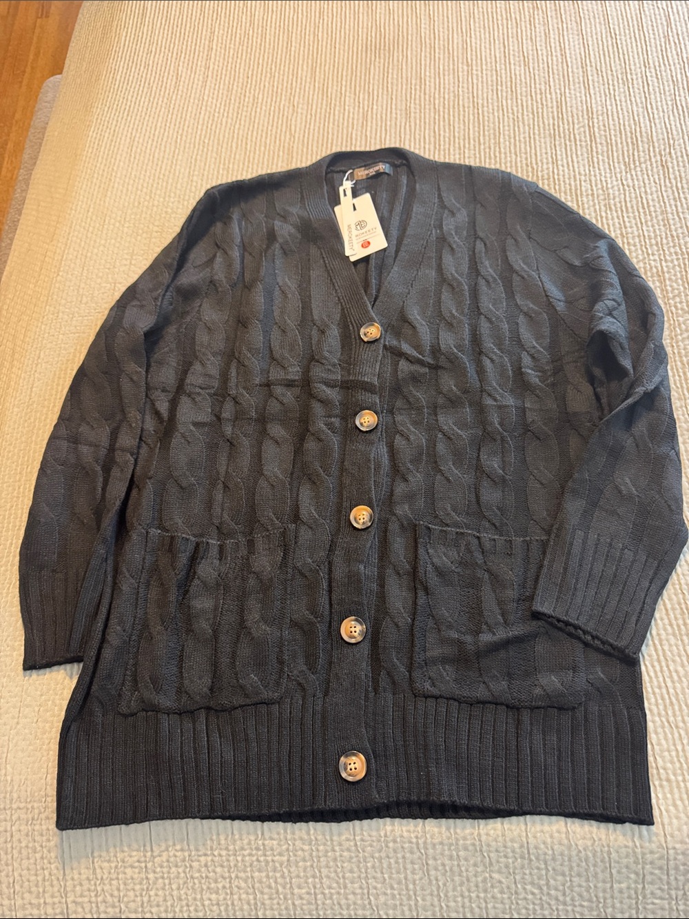Women's Black Cable-Knit V-Neck Button Cardigan by Unknown Brand